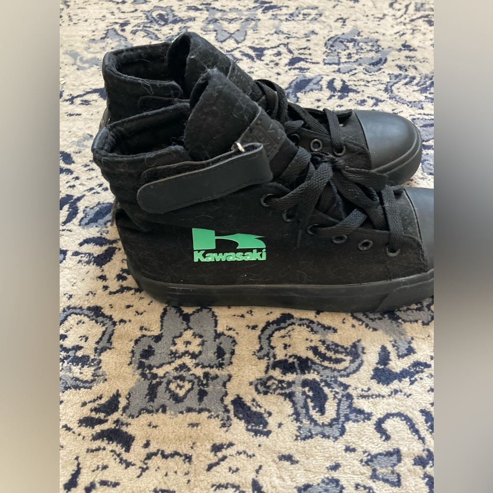 Canvas casual shoes, size 37. Black colour with green Kawasaki logo on sides.